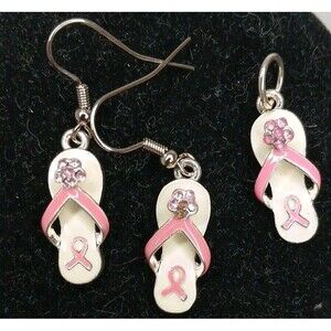 Silver-Tone Pink Flower Rhinestone Breast Cancer Flip Flops Earrings Pendant Set